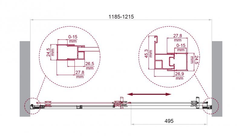 LUCE-BF-1-100-C-Cr Душевая дверь, Условный размер, мм:1000x1950 Габариты с диапазоном регулировок, мм:985-1015 