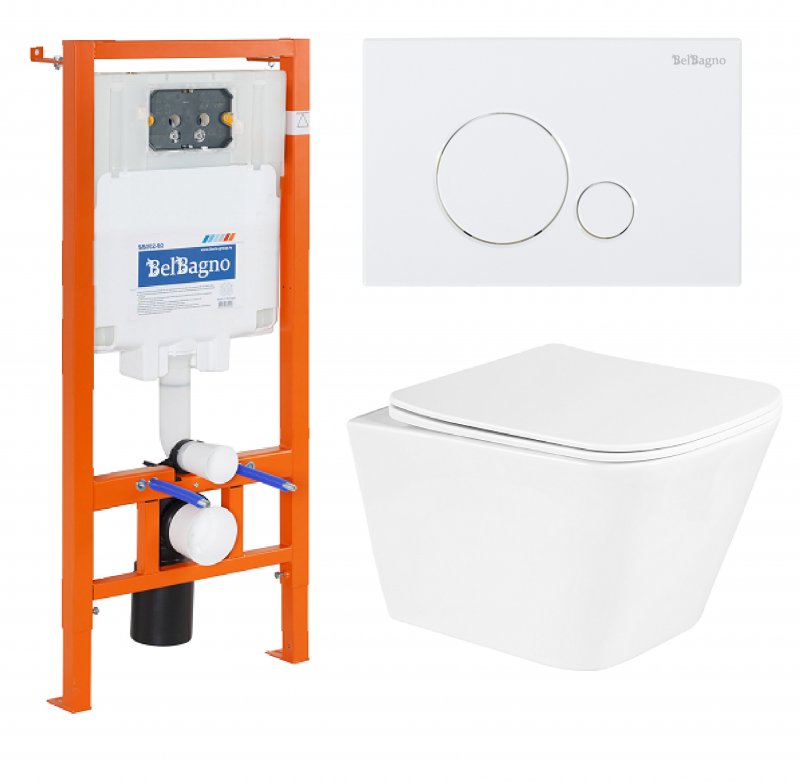 BB3103CHR/SC/BB002-80/BB014-SR-BIANCO Унитаз подвесной с сиденьем BelBagno DUE + Система инсталляции для унитазов с кнопкой смыва BB014-SR-BIANCO Исполнение: Белый 