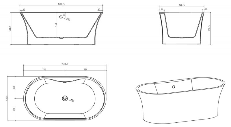 Акриловая ванна BELBAGNO BB201-1700-800